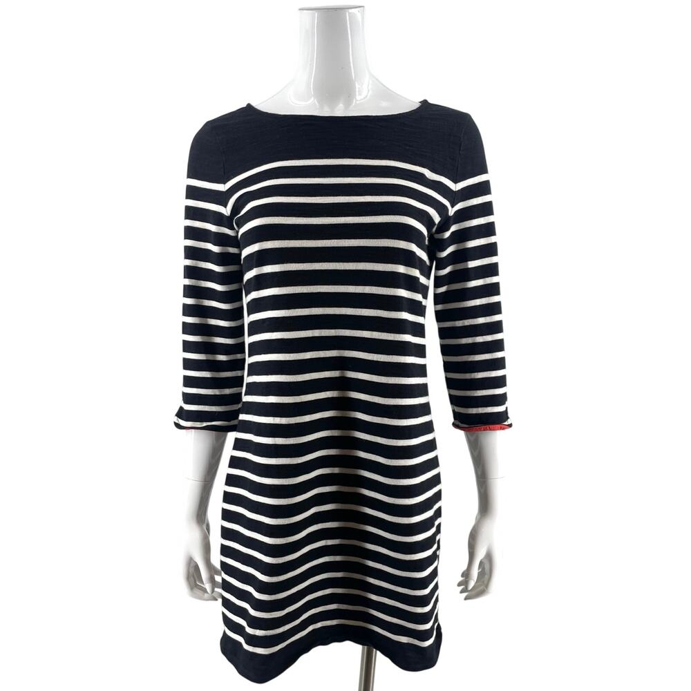 Talbots Womens Tee Shirt Dress Size Medium Black White Striped Boat Neck Cotton